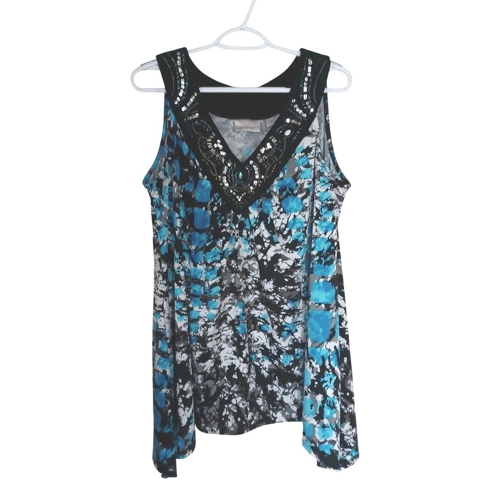Avenue Womens Plus Size 18/20 Blue Abstract Print Embellished V-Neck Tank Top